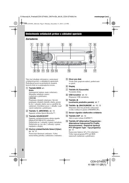 Sony CDX-GT450U - CDX-GT450U Mode d'emploi Slovaque