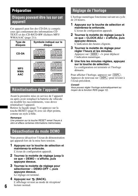 Sony CDX-GT450U - CDX-GT450U Consignes d&rsquo;utilisation