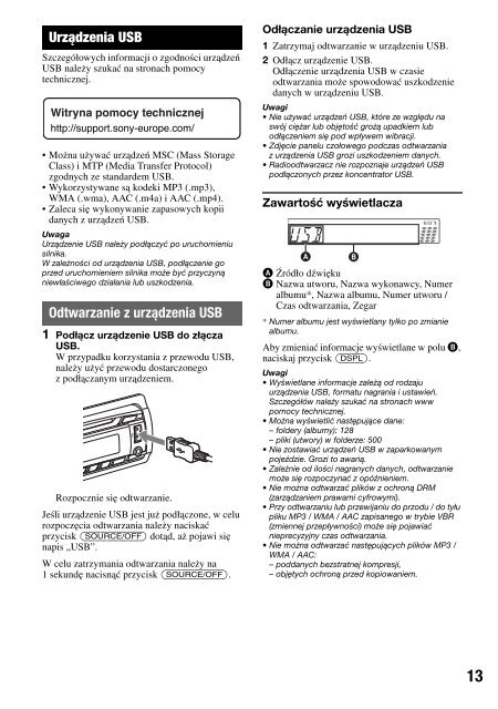 Sony CDX-GT450U - CDX-GT450U Mode d'emploi Polonais