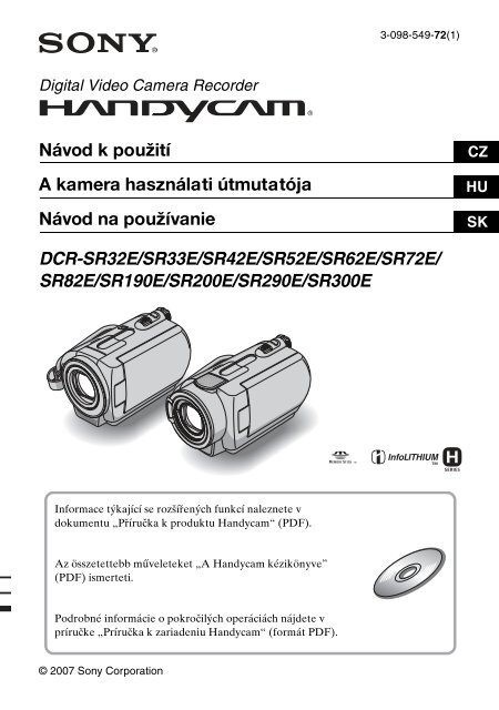 Sony DCR-SR82E - DCR-SR82E Consignes d&rsquo;utilisation Slovaque