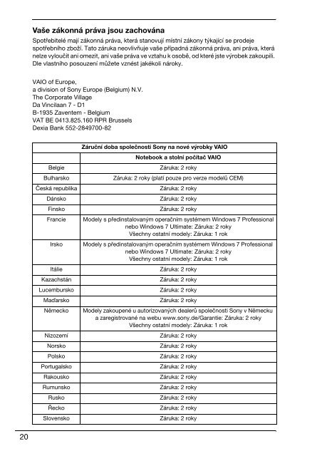 Sony VPCF13S1E - VPCF13S1E Documents de garantie Slovaque