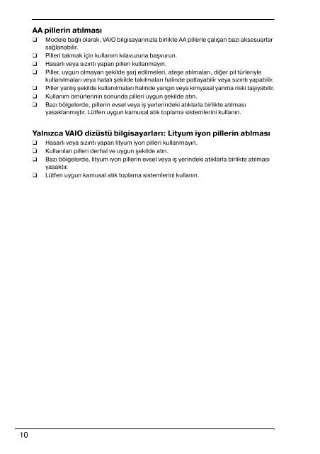 Sony VPCF13S1E - VPCF13S1E Documents de garantie Turc