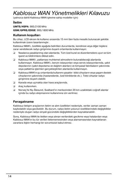 Sony VPCF13S1E - VPCF13S1E Documents de garantie Turc