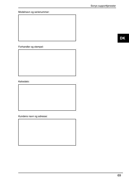 Sony VPCF13S1E - VPCF13S1E Documents de garantie Danois