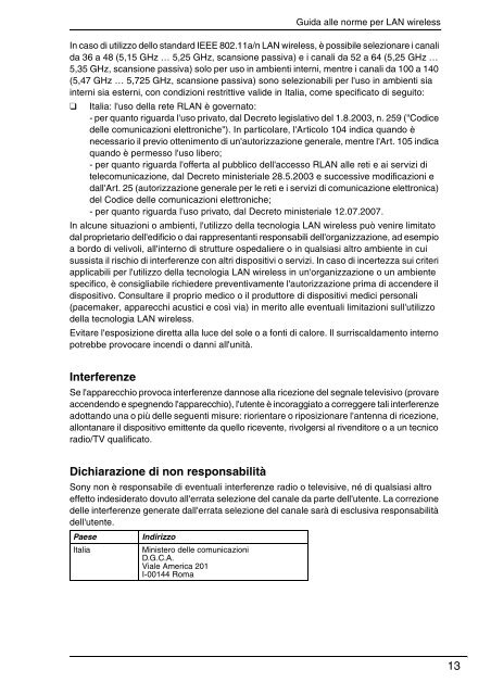 Sony VPCF13S1E - VPCF13S1E Documents de garantie Italien