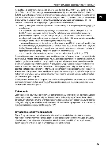 Sony VPCF13S1E - VPCF13S1E Documents de garantie Polonais