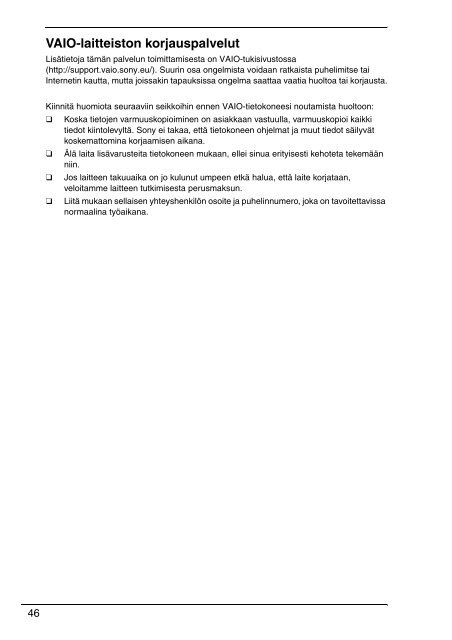 Sony VPCF13S1E - VPCF13S1E Documents de garantie Finlandais