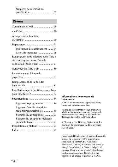 Sony VPL-VW90ES - VPL-VW90ES Consignes d&rsquo;utilisation