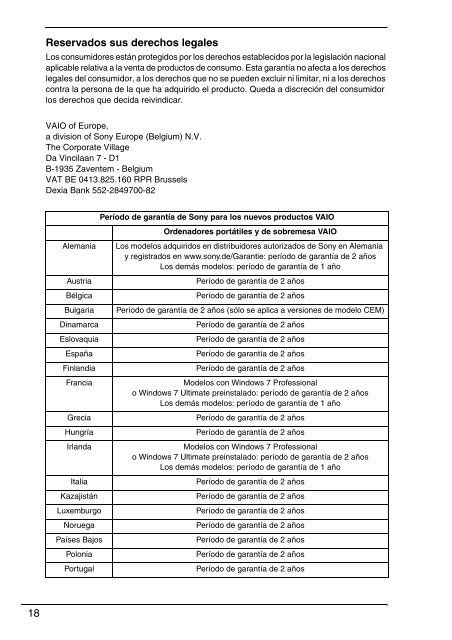 Sony VPCJ11M1E - VPCJ11M1E Documents de garantie Espagnol