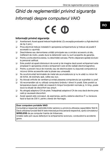 Sony VPCJ11M1E - VPCJ11M1E Documents de garantie Roumain