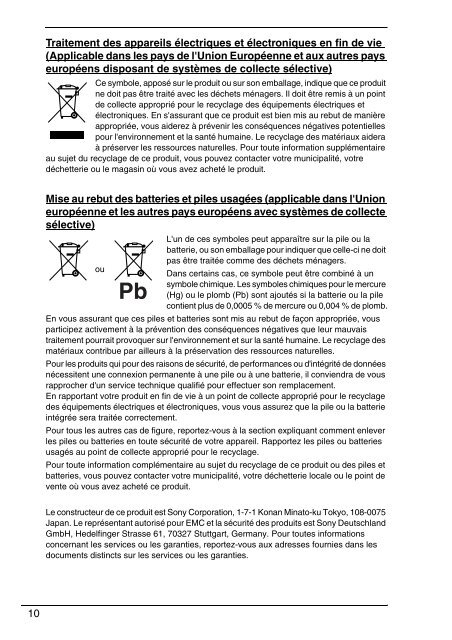 Sony VPCJ11M1E - VPCJ11M1E Documents de garantie Fran&ccedil;ais