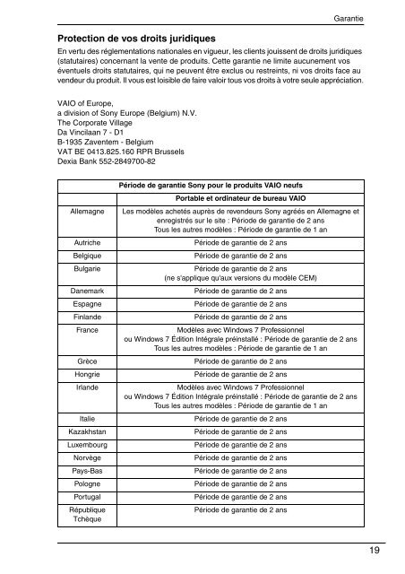 Sony VPCJ11M1E - VPCJ11M1E Documents de garantie Fran&ccedil;ais