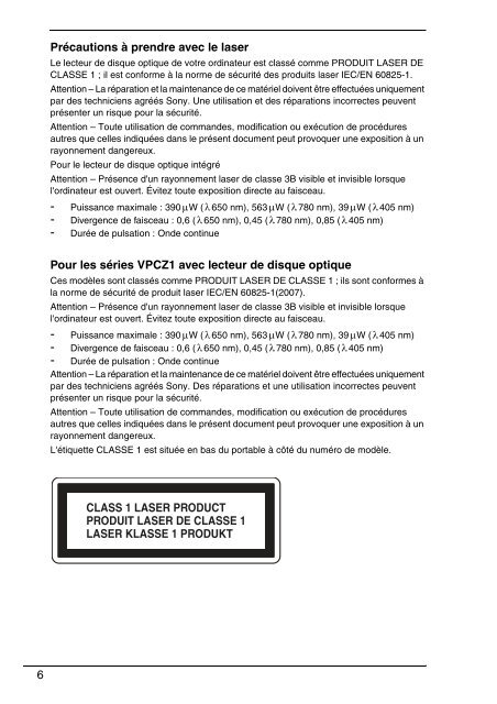 Sony VPCJ11M1E - VPCJ11M1E Documents de garantie Fran&ccedil;ais