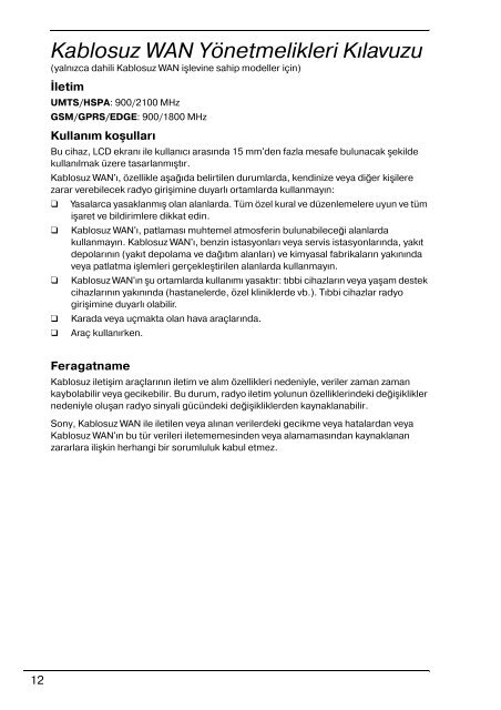 Sony VPCJ11M1E - VPCJ11M1E Documents de garantie Turc