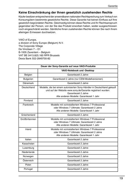 Sony VPCJ11M1E - VPCJ11M1E Documents de garantie Allemand