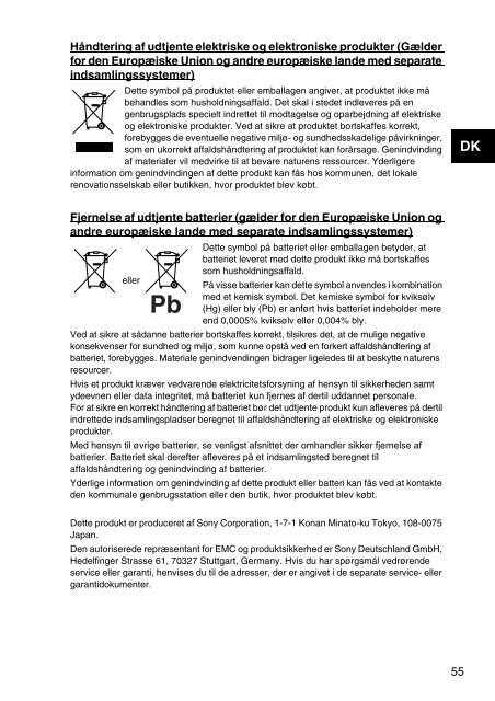 Sony SVS1311F3E - SVS1311F3E Documents de garantie Danois