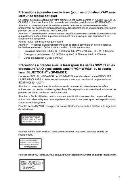 Sony SVS1311F3E - SVS1311F3E Documents de garantie Fran&ccedil;ais