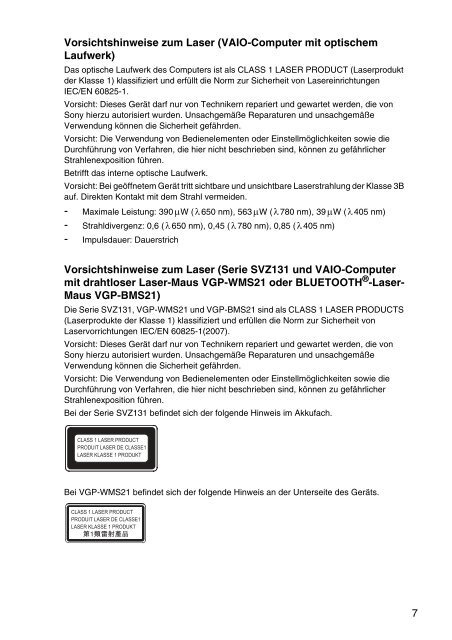 Sony SVS1311F3E - SVS1311F3E Documents de garantie Allemand