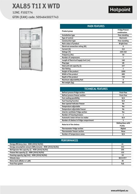 KitchenAid XAL85 T1I X WTD - XAL85 T1I X WTD EN (F102774) Scheda Prodotto