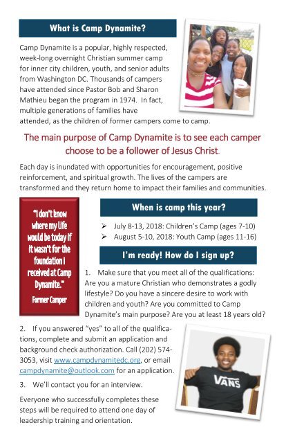 Camp Dynamite Counselor Brochure