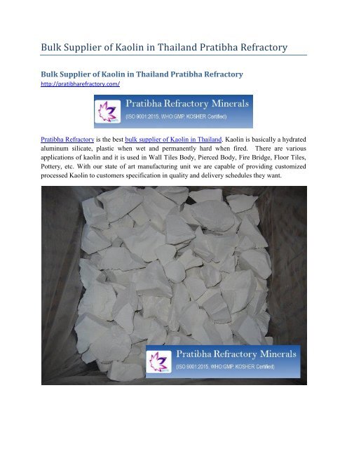 Bulk Supplier of Kaolin in Thailand Pratibha Refractory