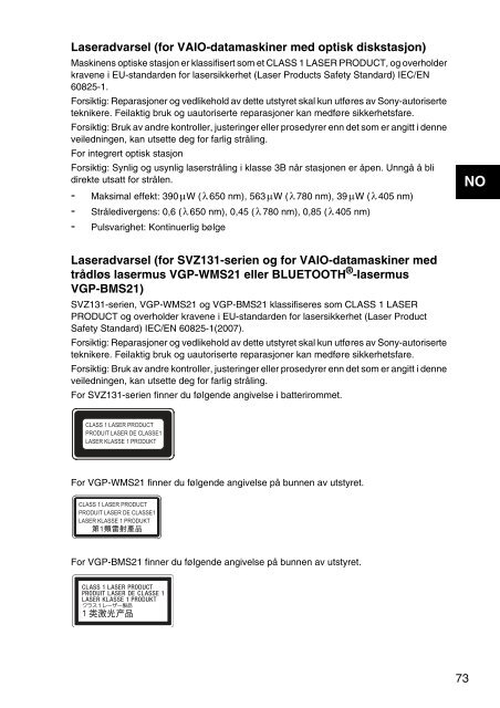Sony SVS1311F3E - SVS1311F3E Documents de garantie Norv&eacute;gien