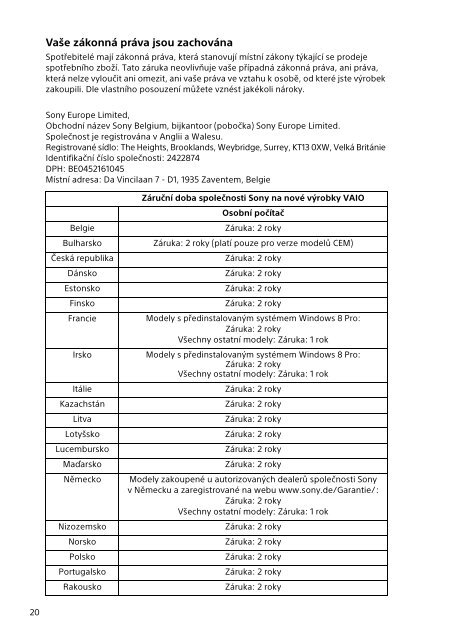 Sony SVE1513E9E - SVE1513E9E Documents de garantie Tch&egrave;que