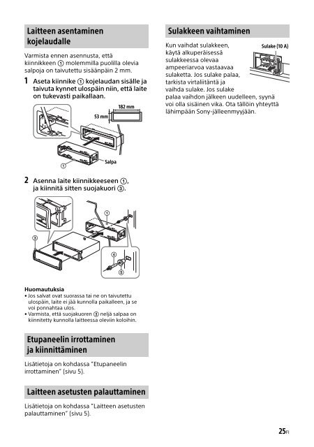 Sony CDX-G1201U - CDX-G1201U Consignes d&rsquo;utilisation Finlandais