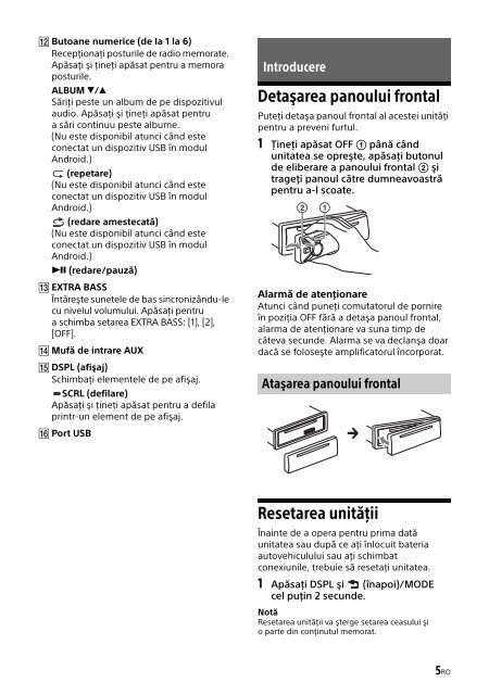Sony CDX-G1201U - CDX-G1201U Consignes d&rsquo;utilisation Roumain