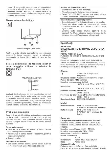 Sony SA-W2500 - SA-W2500 Mode d'emploi Roumain