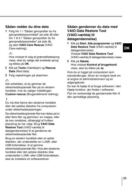 Sony VPCSA4A4E - VPCSA4A4E Guide de d&eacute;pannage Danois