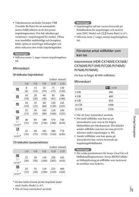 Sony HDR-PJ760E - HDR-PJ760E Consignes d&rsquo;utilisation Su&eacute;dois