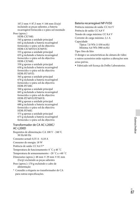 Sony HDR-PJ760E - HDR-PJ760E Consignes d&rsquo;utilisation Portugais