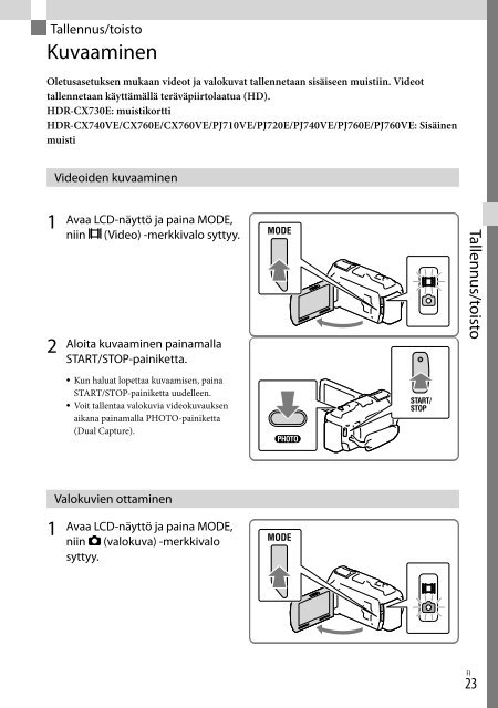 Sony HDR-PJ760E - HDR-PJ760E Consignes d&rsquo;utilisation Finlandais