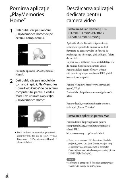 Sony HDR-PJ760E - HDR-PJ760E Consignes d&rsquo;utilisation Roumain