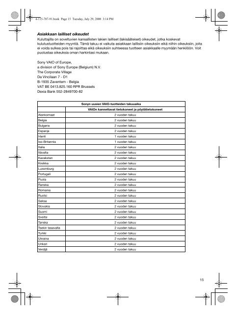 Sony VGN-NS11SR - VGN-NS11SR Documents de garantie Finlandais