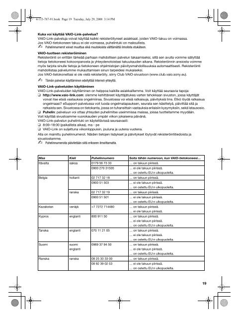 Sony VGN-NS11SR - VGN-NS11SR Documents de garantie Finlandais