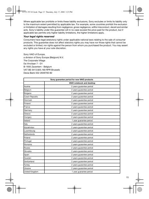 Sony VGN-NS11SR - VGN-NS11SR Documents de garantie Anglais