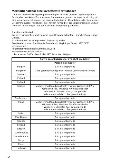 Sony SVP1322B4E - SVP1322B4E Documenti garanzia Norvegese