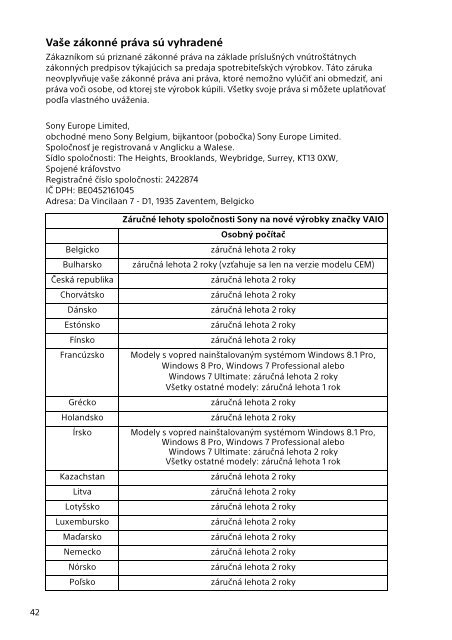 Sony SVP1322B4E - SVP1322B4E Documenti garanzia Slovacco