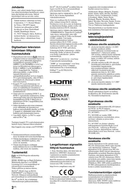 Sony KDL-40NX715 - KDL-40NX715 Consignes d&rsquo;utilisation Finlandais
