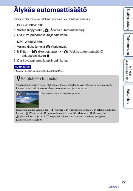 Sony DSC-W380 - DSC-W380 Consignes d&rsquo;utilisation Finlandais