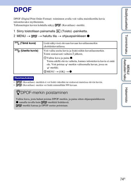 Sony DSC-W380 - DSC-W380 Consignes d&rsquo;utilisation Finlandais