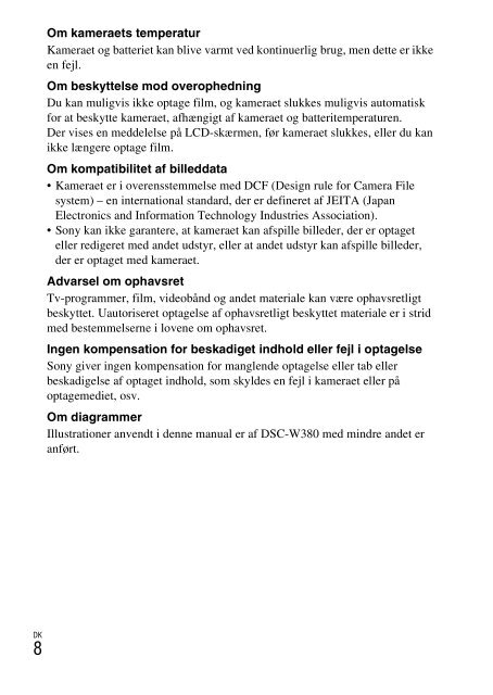 Sony DSC-W380 - DSC-W380 Consignes d&rsquo;utilisation Danois