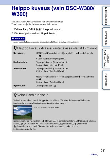 Sony DSC-W380 - DSC-W380 Consignes d&rsquo;utilisation Finlandais