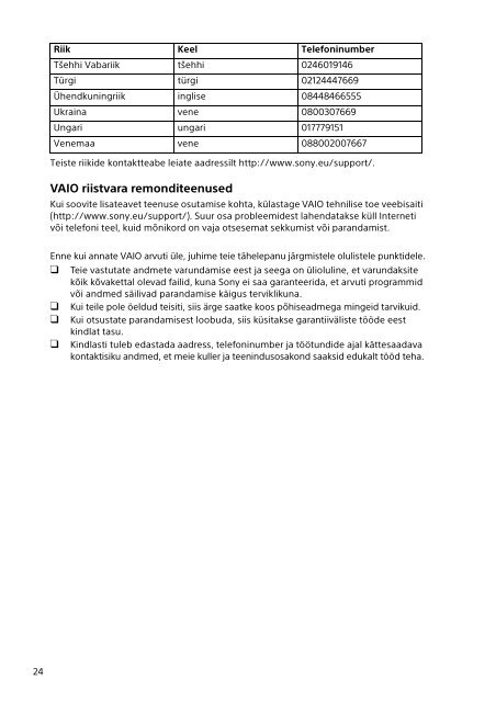 Sony SVP1322B4E - SVP1322B4E Documenti garanzia Estone