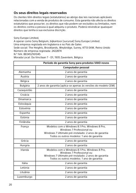 Sony SVP1322B4E - SVP1322B4E Documenti garanzia Portoghese