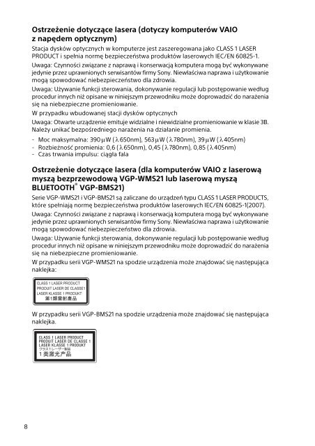 Sony SVJ2021V1E - SVJ2021V1E Documenti garanzia Polacco