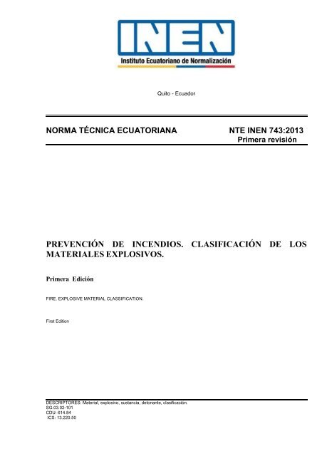 NTE INEN 743 - PREVENCIÓN DE INCENDIOS. CLASIFICACIÓN DE LOS MATERIALES EXPLOSIVOS