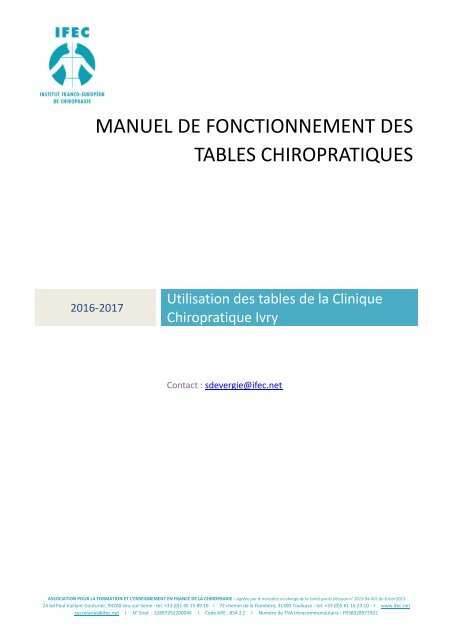 Manuel de fonctionnement des tables chiropratiques 2016-2017